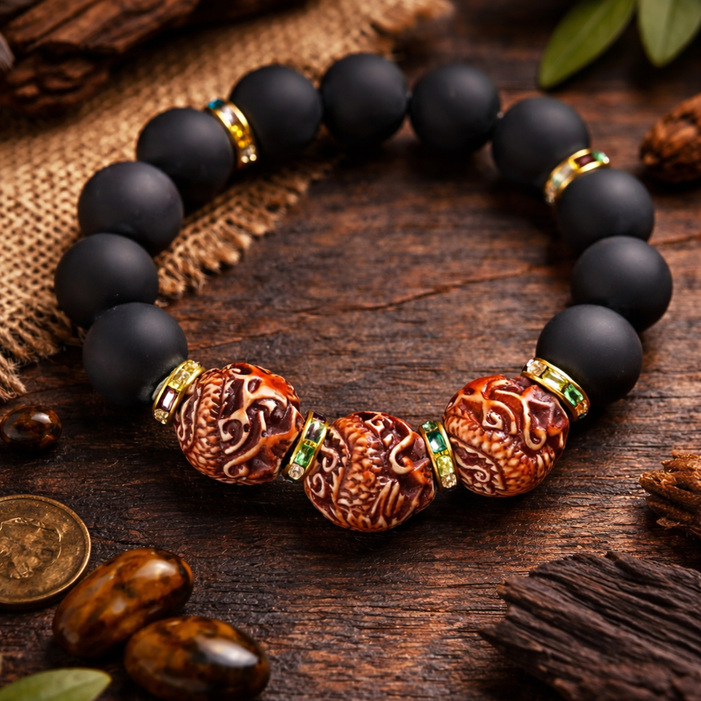Royal Heritage Matte Onyx & Carved African Bead Men’s Bracelet 6inch