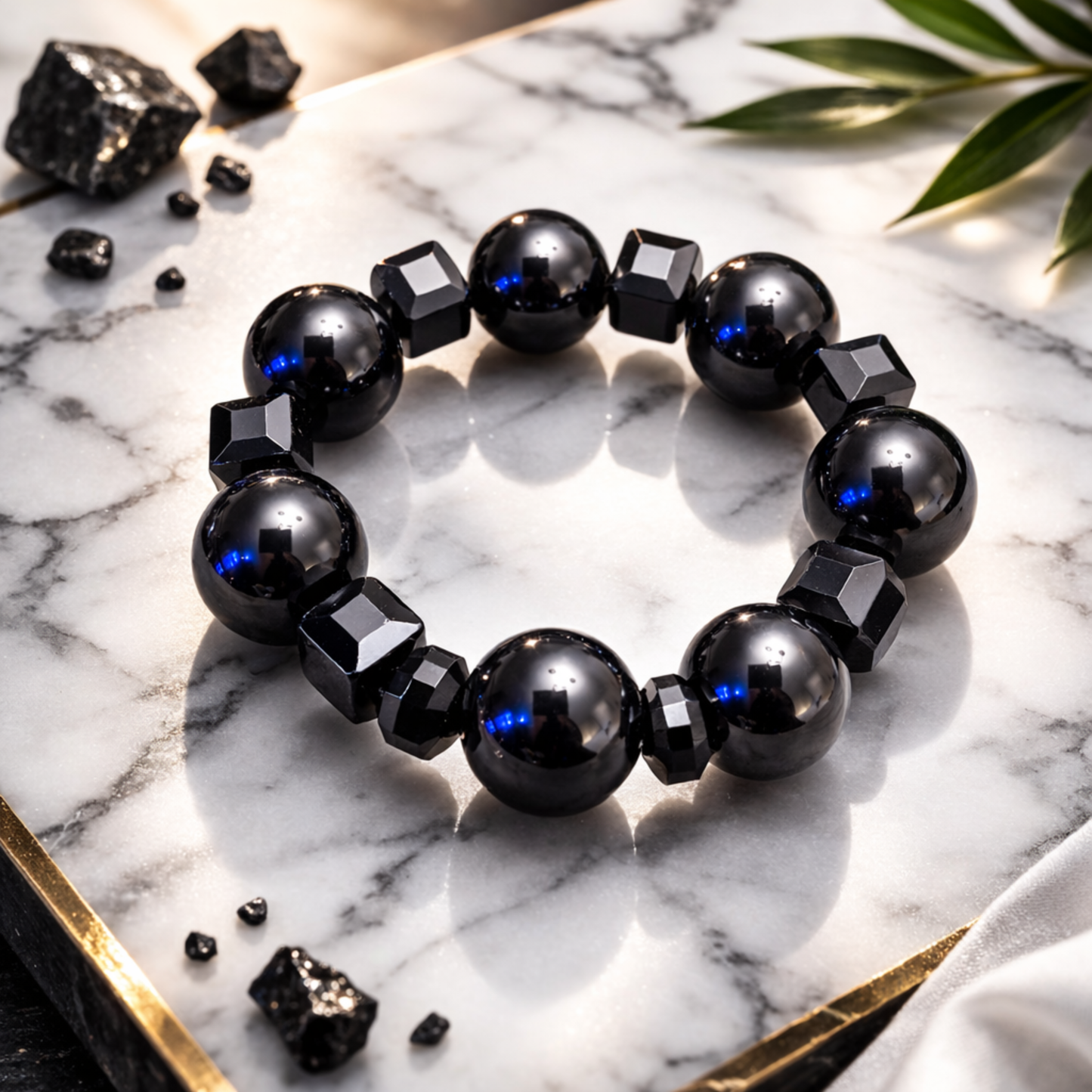 Midnight Obsidian Geometric Beaded Bracelet – Luxury Black Stone Stretch Band