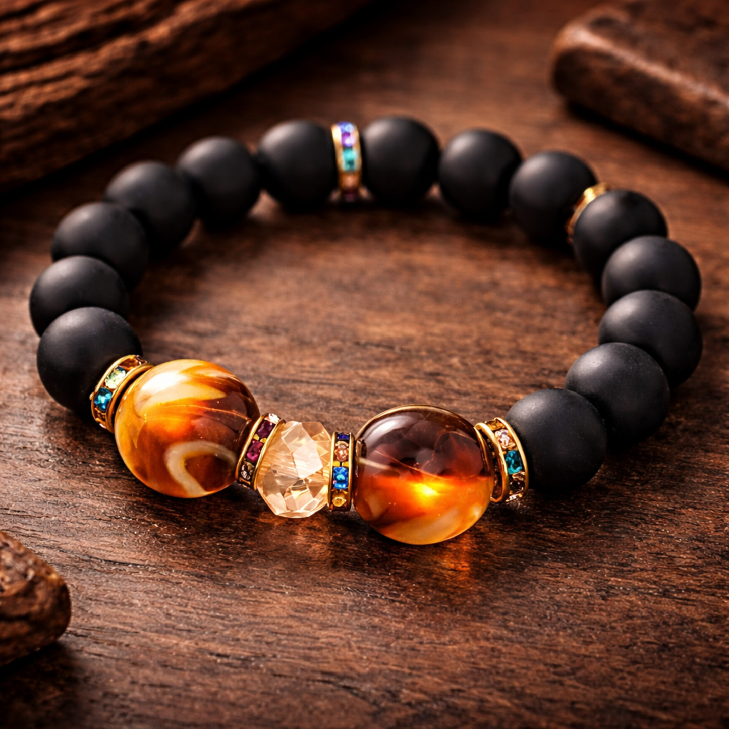 Matte Black & Amber Stone Men’s Bracelet – Luxury Stretch Bead Design – 6 Inch