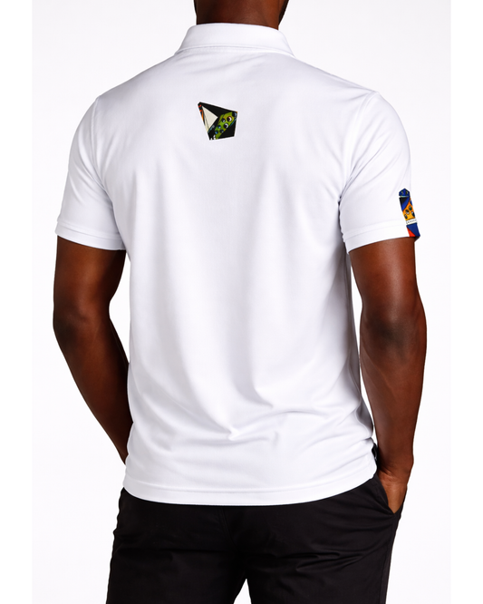 Men’s White Ankara Stripe Polo Shirt – Modern African Print Contrast Design