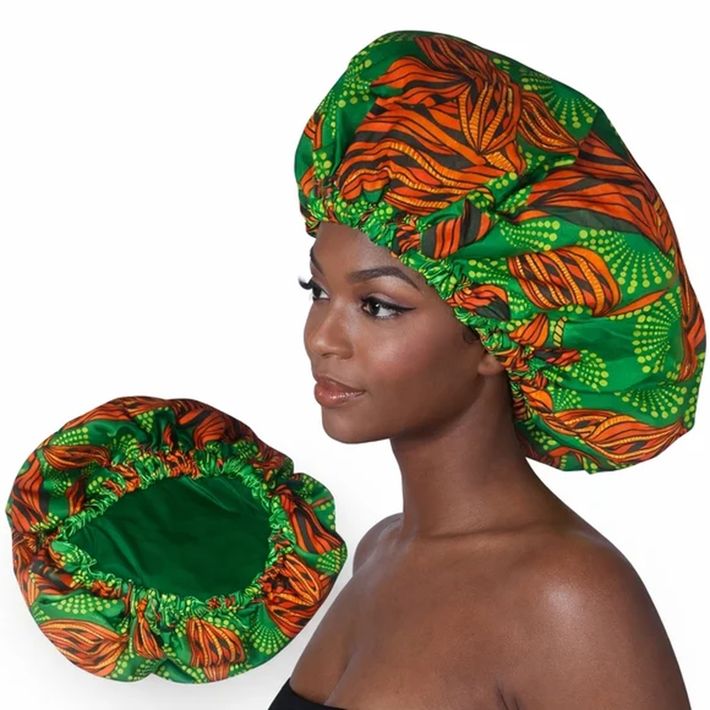 African Print Satin Stretch Bonnet – Green Lined
