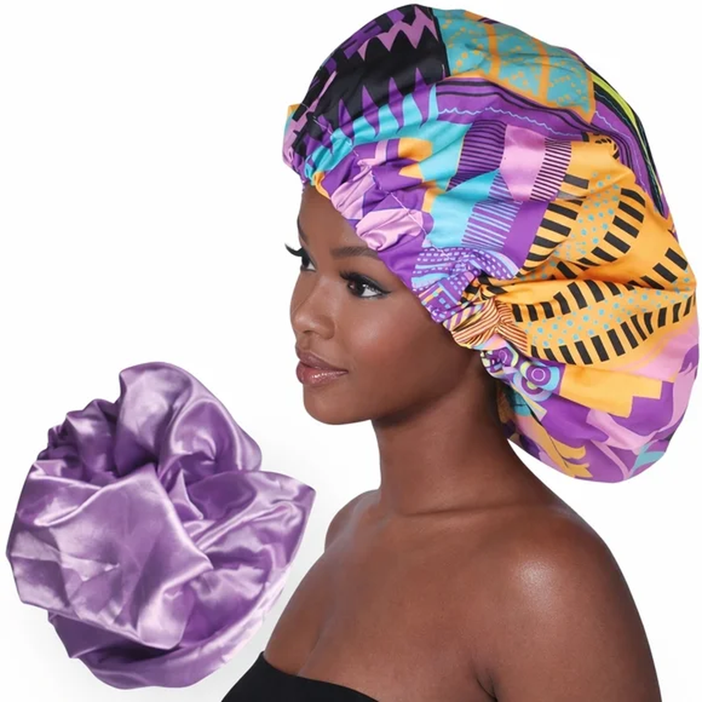 African Print Satin Stretch Bonnet – Purple Lined