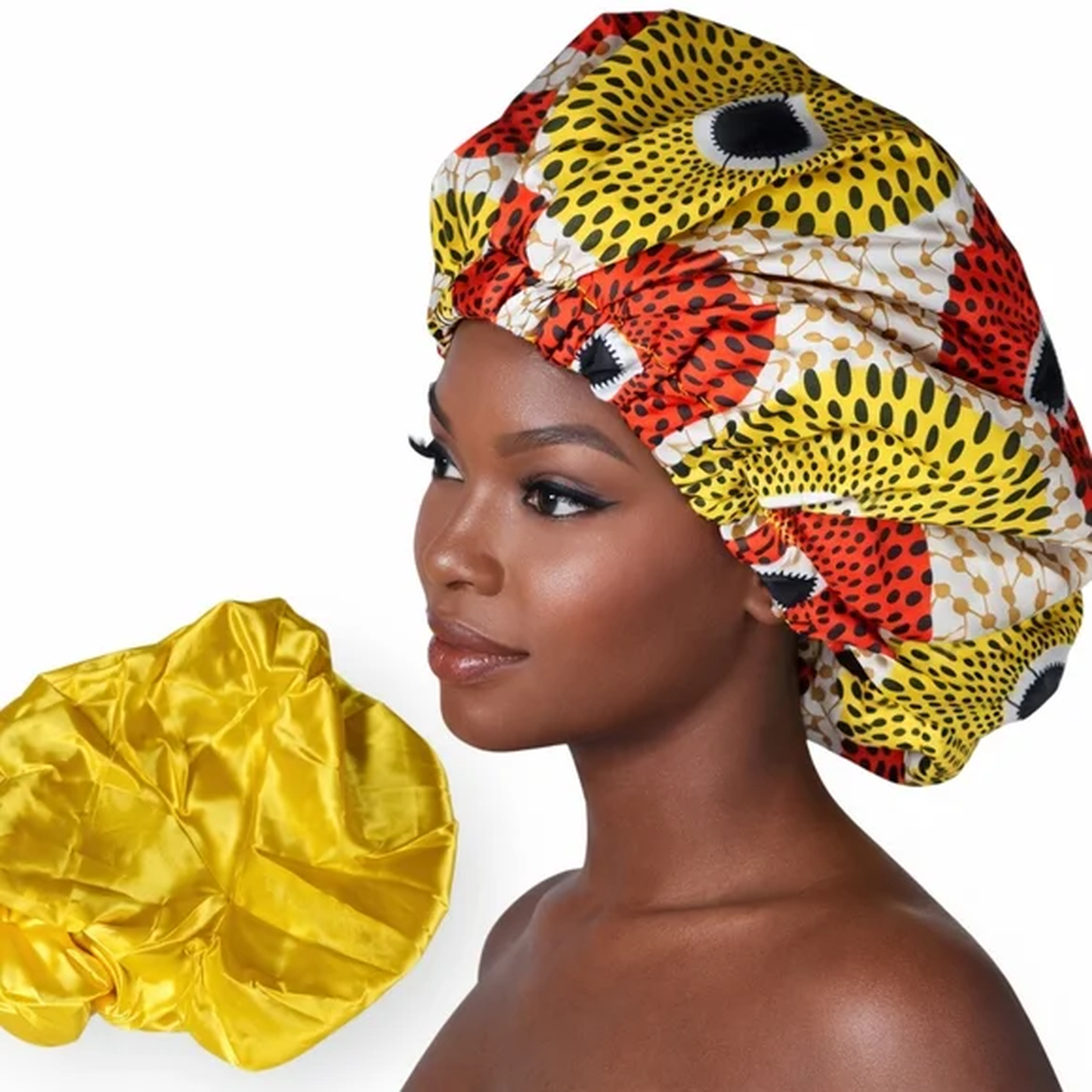 African Print Satin Stretch Bonnet – Yellow Lined