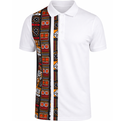 Men’s White Ankara Panel Polo Shirt – Black/Red/Gold African Print (Regular Fit)
