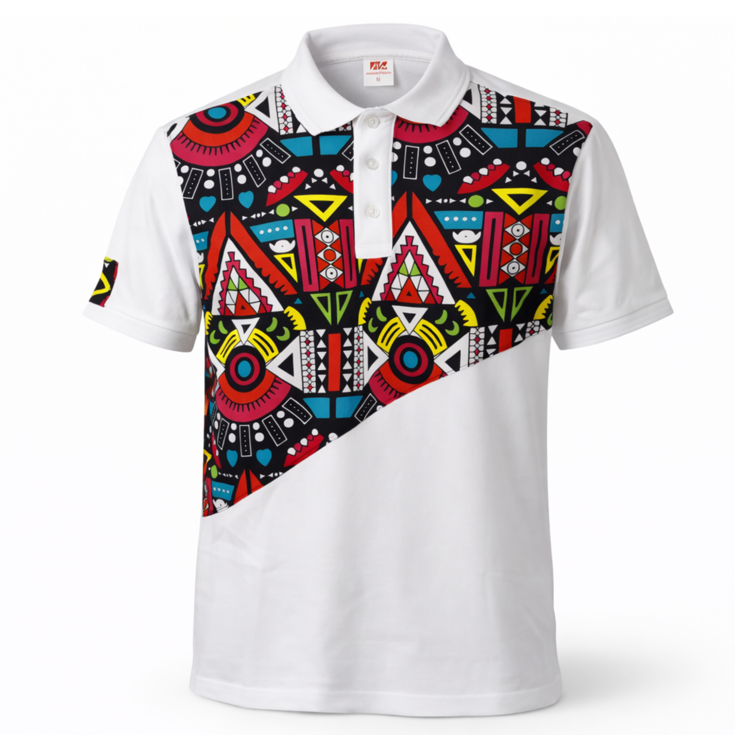 Men’s White Ankara Diagonal Panel Polo Shirt – Bold African Print Design