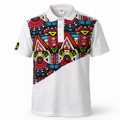 Men’s White Ankara Diagonal Panel Polo Shirt – Bold African Print Design