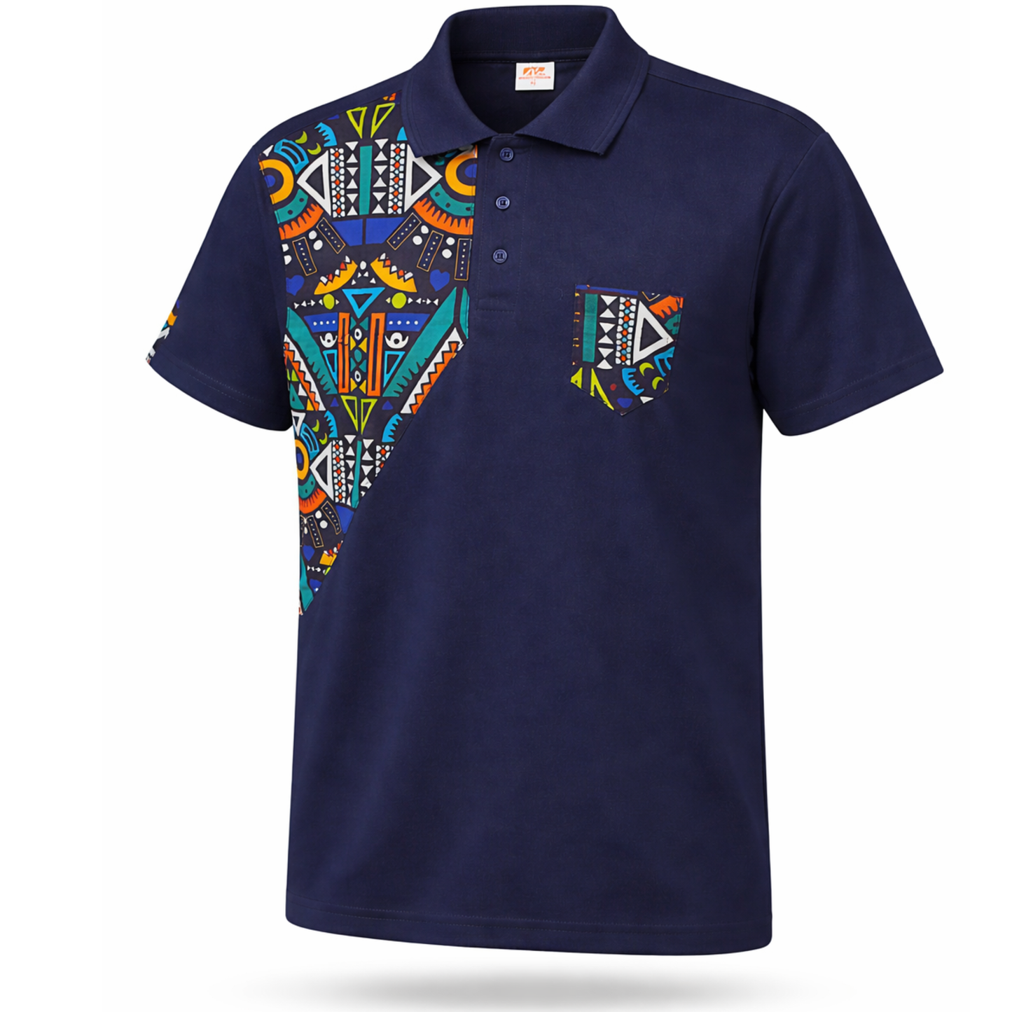 Men’s Navy Ankara Mask Panel Polo Shirt – Modern African Print Design