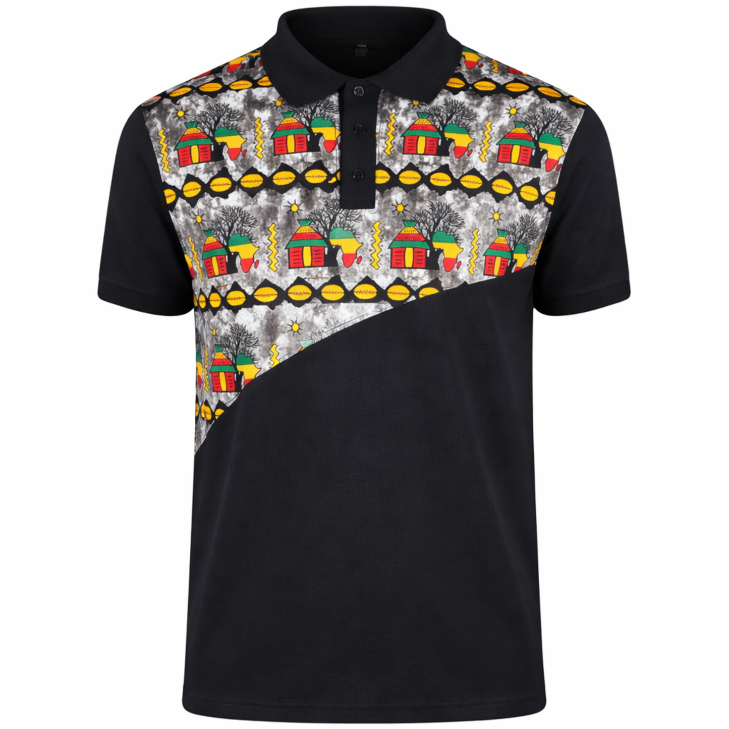 Men’s Black Heritage Print Polo Shirt — African Village Diagonal Design