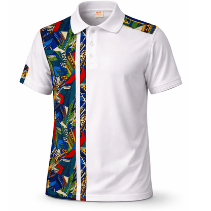 Men’s White Ankara Stripe Polo Shirt – Modern African Print Contrast Design
