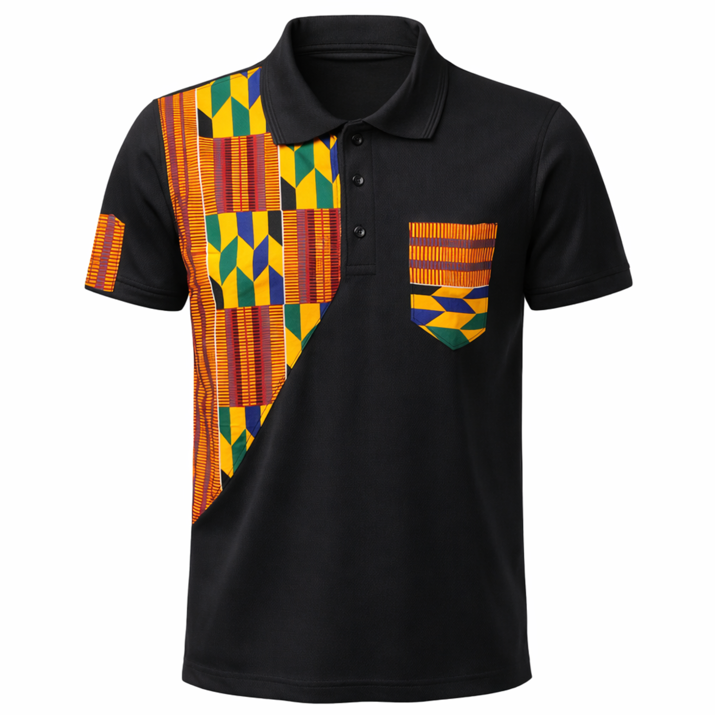 Men’s Black Kente Panel Polo Shirt