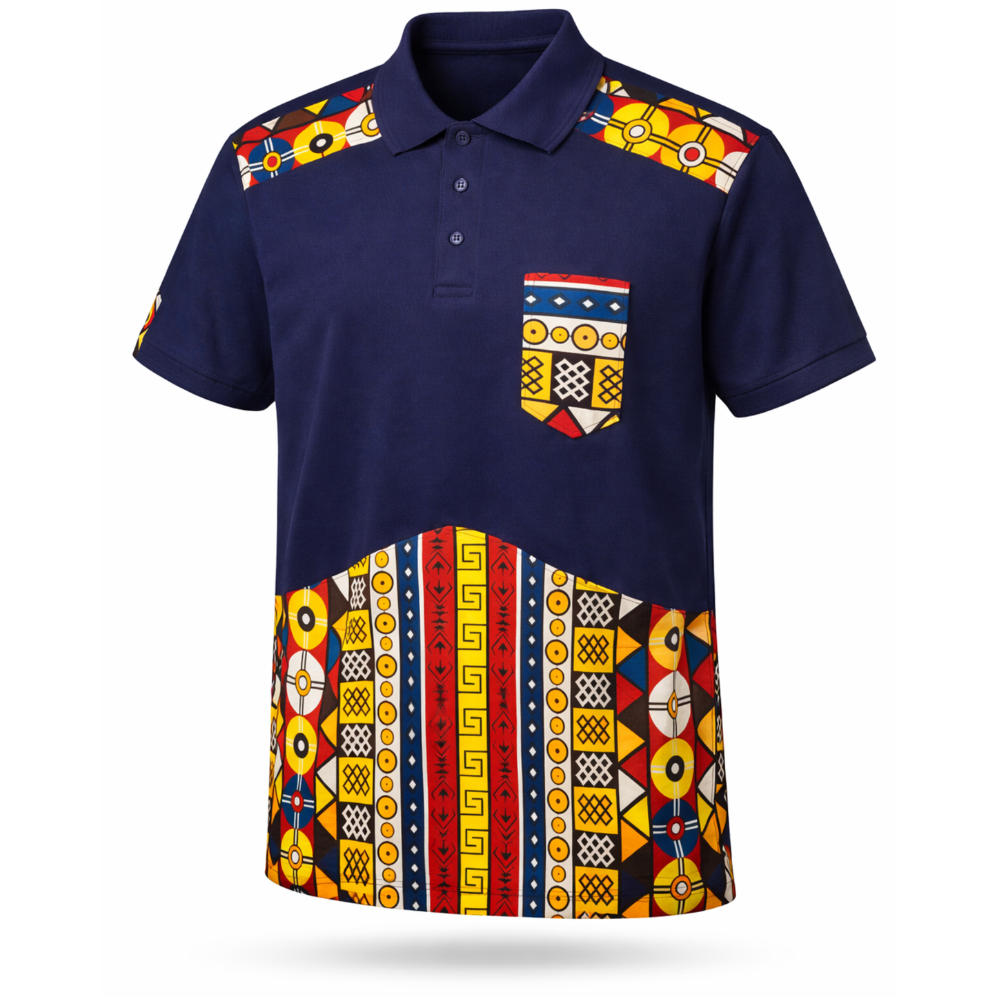 Men’s Navy Ankara Contrast Polo Shirt – African Print Shoulder & Hem Design