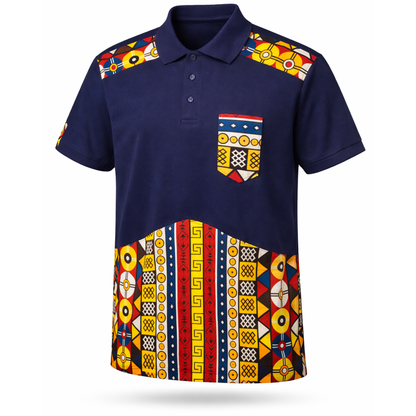 Men’s Navy Ankara Contrast Polo Shirt – African Print Shoulder & Hem Design