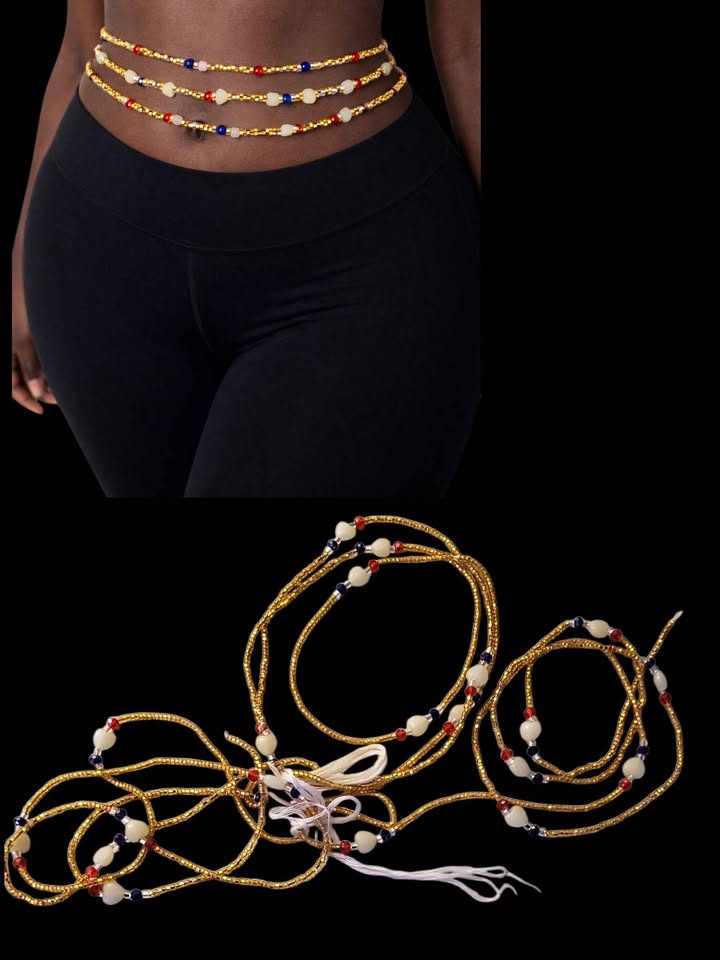 Handmade 3-Strand African Waist Beads – Adjustable | 46 Inches Each – Gold & Multicolor Accents