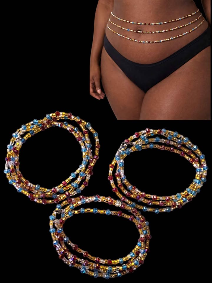Handmade 3-Strand African Waist Beads – Multicolor Gold | Adjustable 40 Inches Each