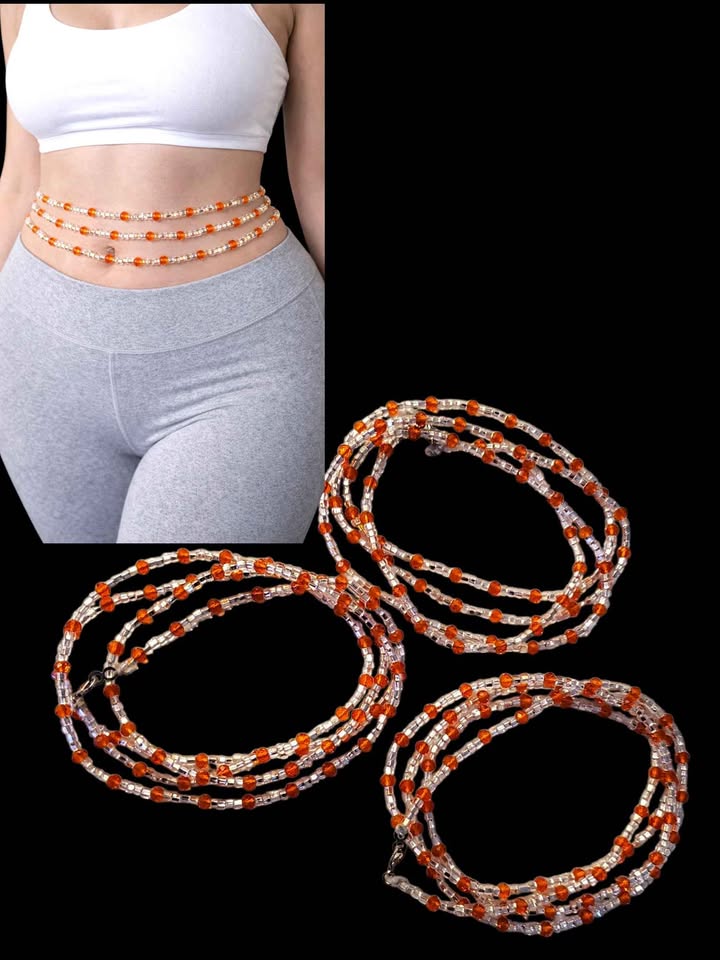 Perles de taille africaines artisanales à 3 rangs – Ajustables | 112 cm chacune – Orange et cristal