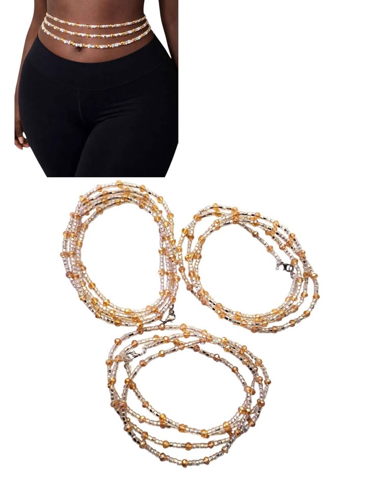 Perles de taille africaines artisanales à 3 rangs – Ajustables | 107 cm chacune – Or et cristal