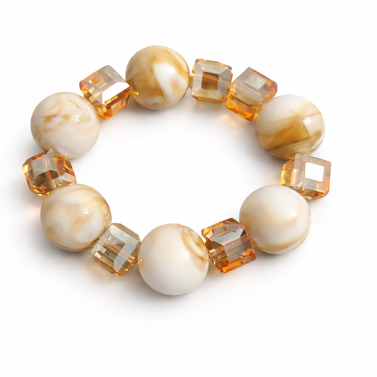 Cream Marble Beaded Bracelet – Women’s 6 Inch Stretch Bracelet with Golden Crystal Accents