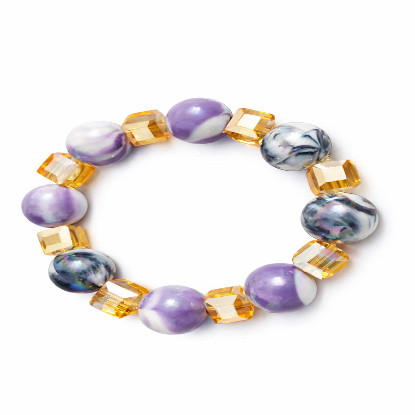 Purple Marble African Beaded Bracelet – Women’s 6 Inch Stretch Bracelet with Golden Crystal Accents