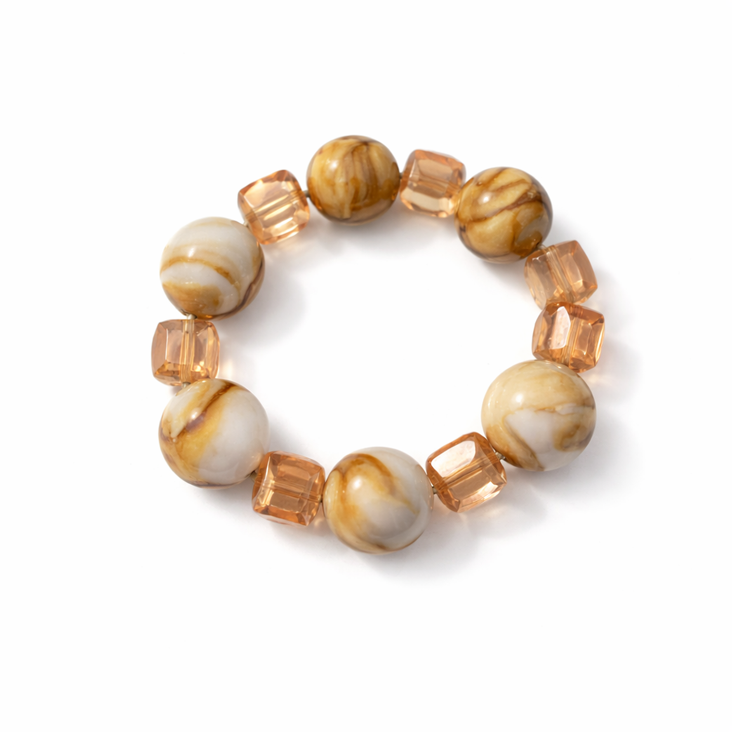 Cream & Caramel Marble Beaded Bracelet – Women’s 6 Inch Stretch Bracelet with Crystal Accents