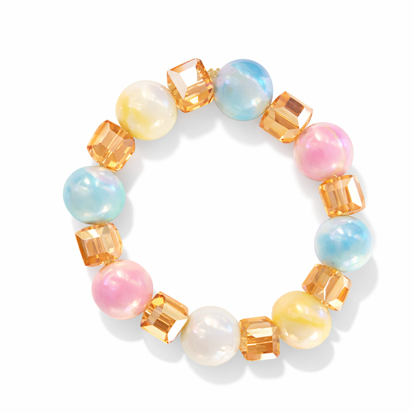 Pastel Multicolor Beaded Bracelet – Women’s 6 Inch Stretch Bracelet with Golden Crystal Accents
