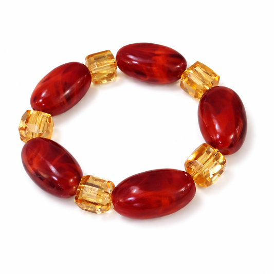 Red & Amber African Beaded Bracelet – Women’s 6 Inch Stretch Bracelet