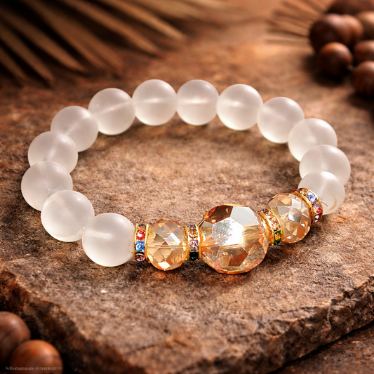 Men’s Frosted White Agate & Gold Crystal African Beaded Bracelet 6''inch