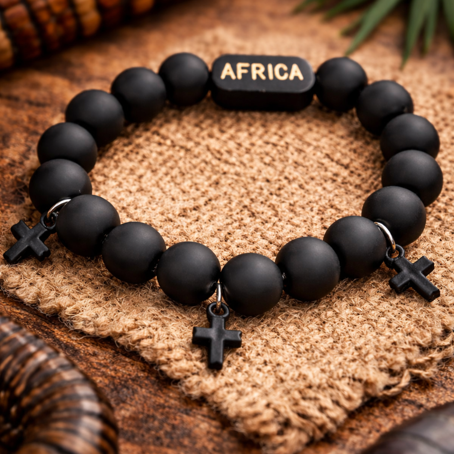 Men’s Africa Black Beaded Bracelet with Cross Charms – Matte Onyx Style Stretch Bracelet 6inch