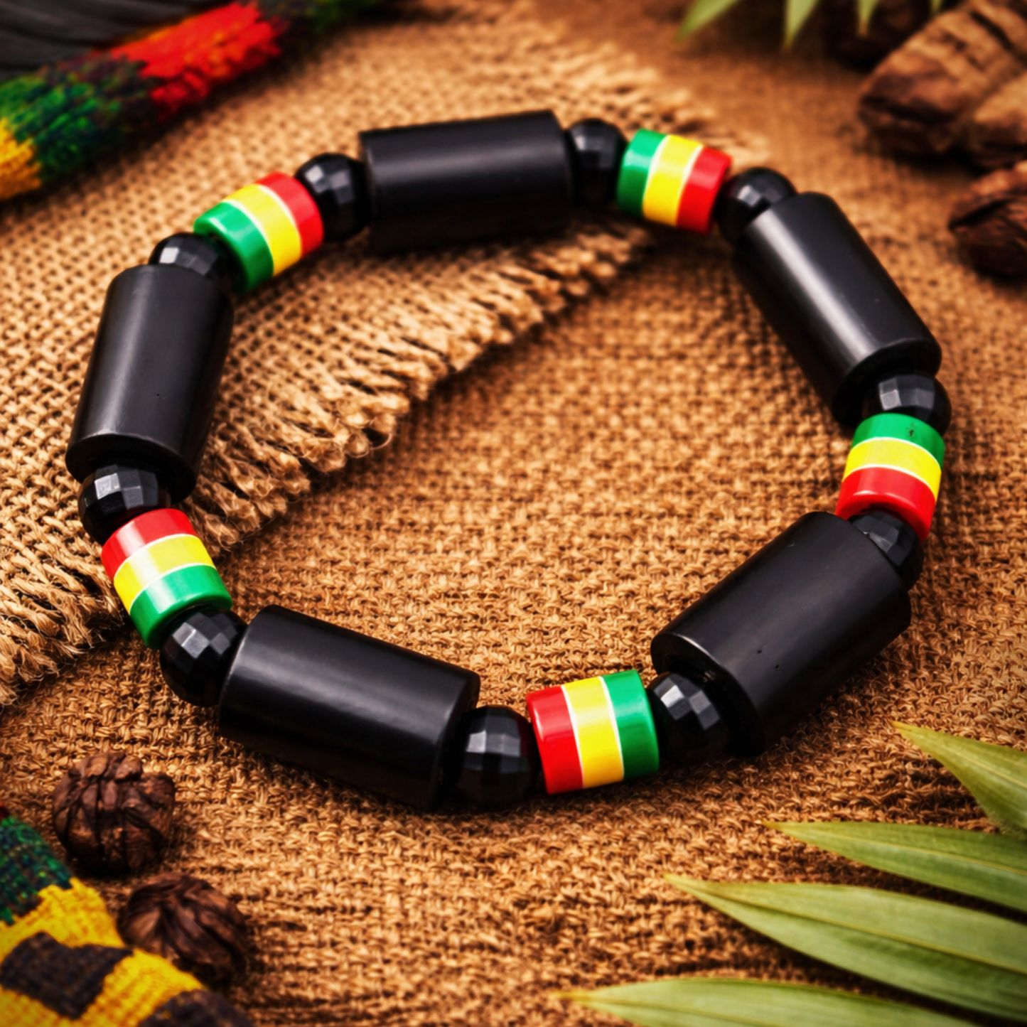 6 Inch Pan-African Heritage Beaded Bracelet – Black Cylinder Statement Design