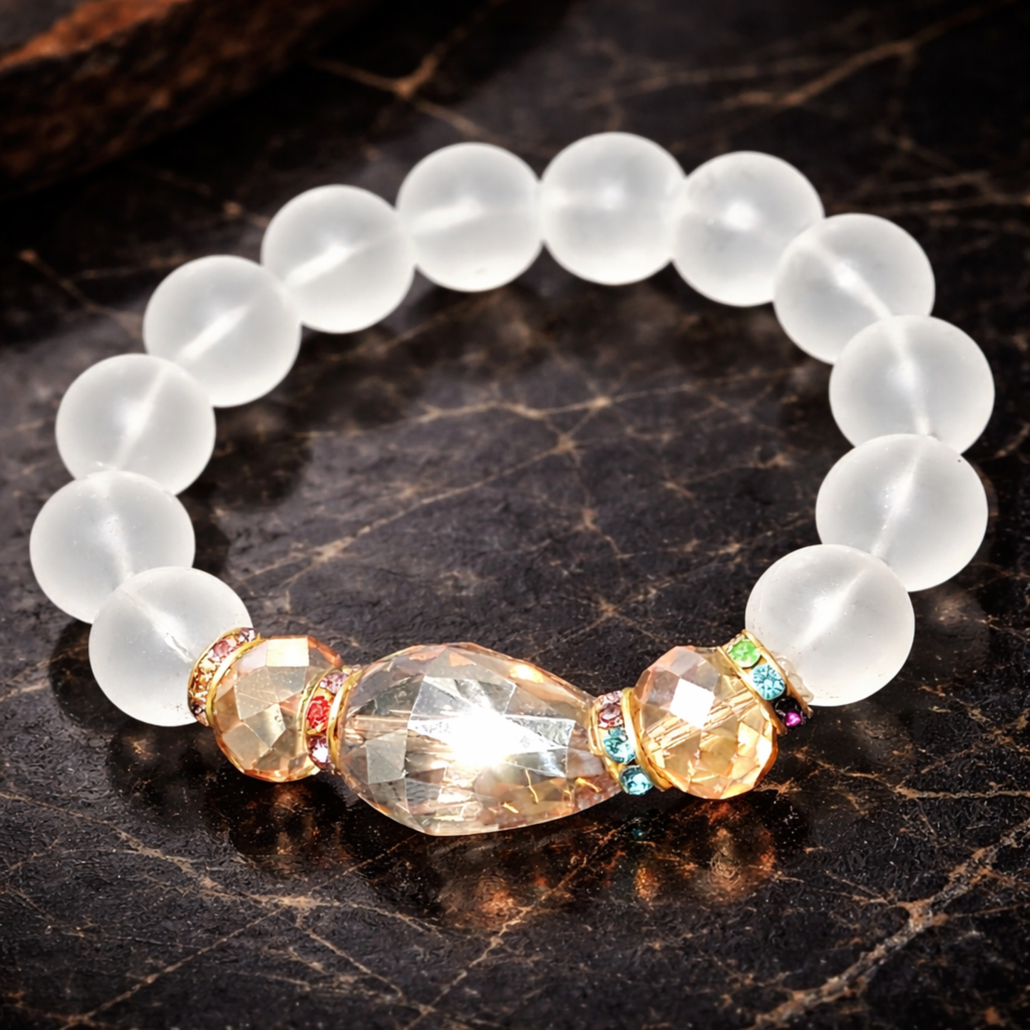 Frosted White & Gold Crystal Men’s Bracelet – Luxury Stretch Bead Band – 6 Inch