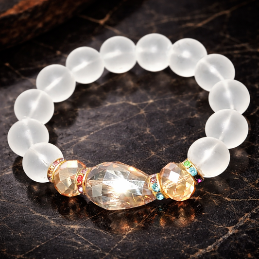 Frosted White & Gold Crystal Men’s Bracelet – Luxury Stretch Bead Band – 6 Inch