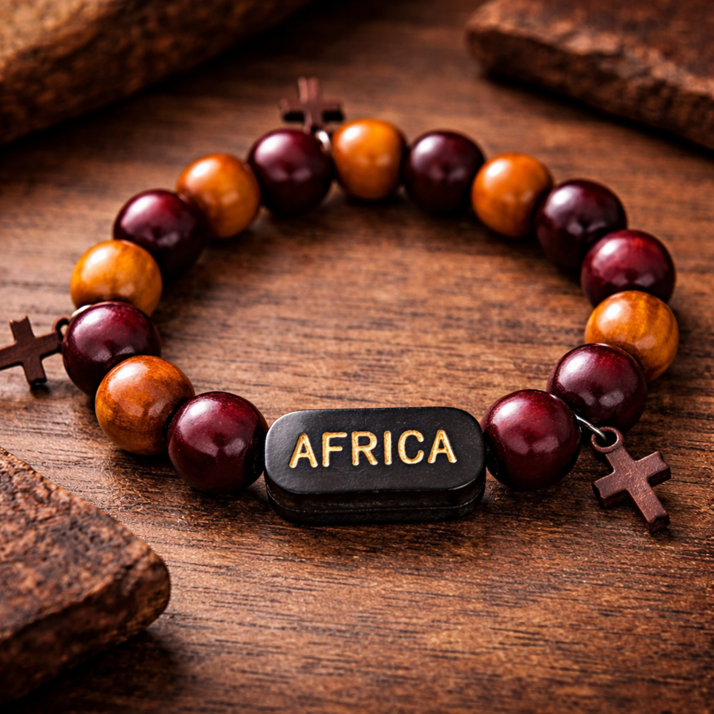 Africa Engraved Wooden Bead Men’s Bracelet with Cross Charms – 6 Inch