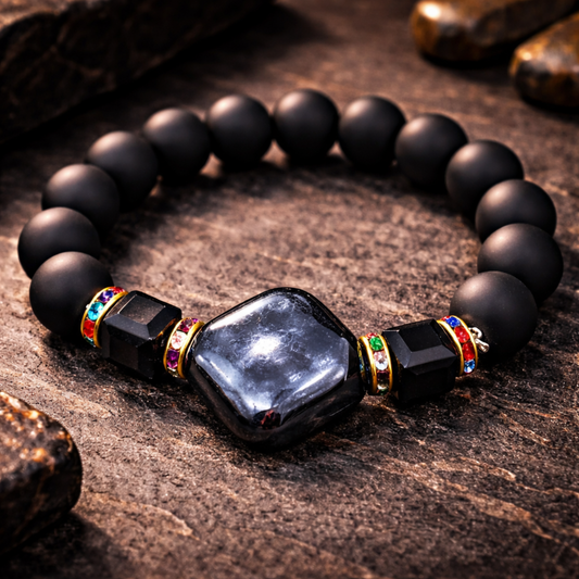 Matte Black & Hematite Stone Men’s Bracelet – Geometric Luxury Design – 6 Inch