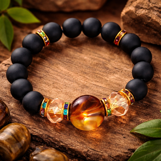 Matte Black & Amber Crystal Men’s Bracelet – Luxury Stone Stretch Band – 6 Inch