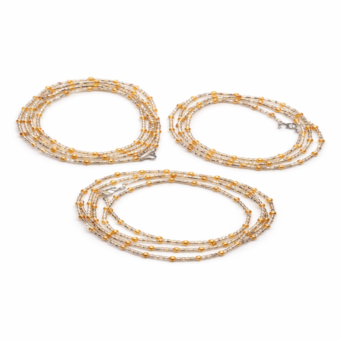 Perles de taille africaines artisanales à 3 rangs – Ajustables | 107 cm chacune – Or et cristal