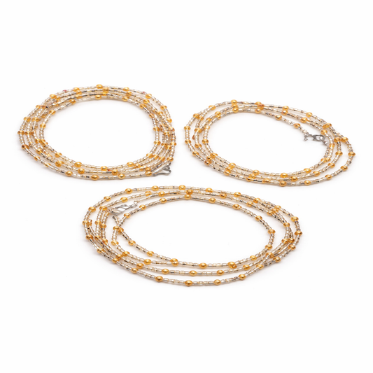 Handmade 3-Strand African Waist Beads – Adjustable | 42 Inches Each – Gold & Crystal