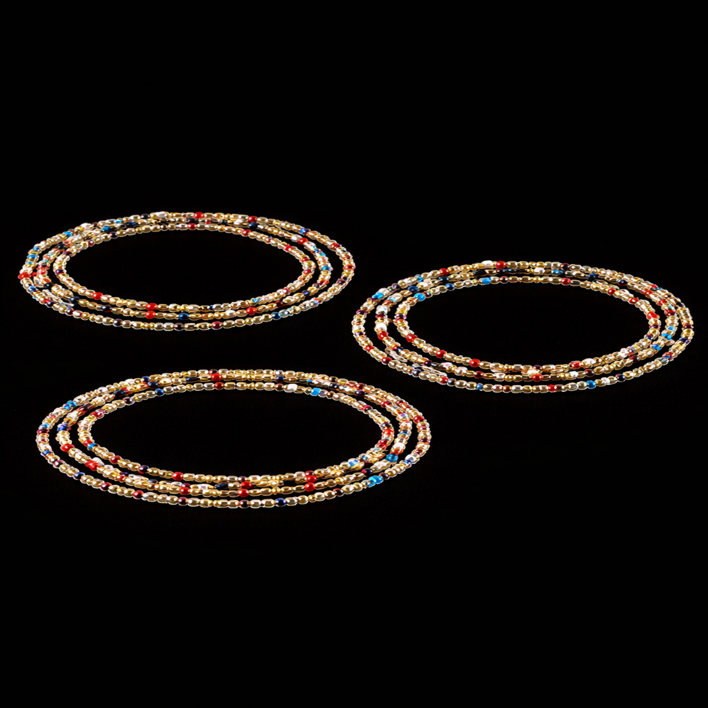 Handmade 3-Strand African Waist Beads – Multicolor Gold | Adjustable 40 Inches Each