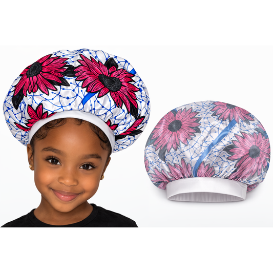 African Kids Satin Bonnet – Pink Flower Sleep Cap