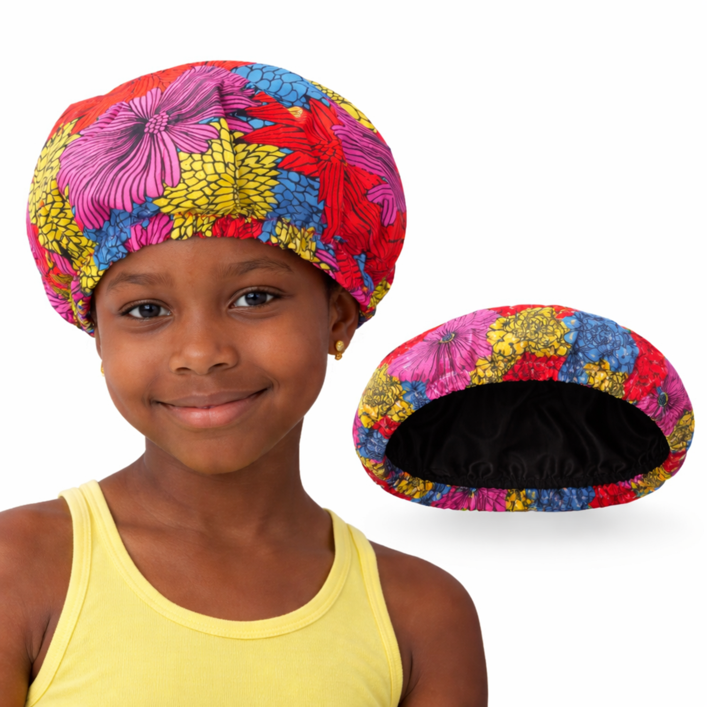 African Kids Satin Bonnet – Floral Print Sleep Cap