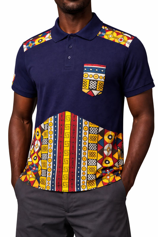 Polo homme bleu marine à imprimé Ankara contrastant – Motif africain sur les épaules et l'ourlet