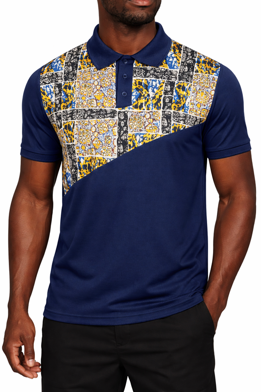Polo homme bleu marine à imprimé africain – Modèle Ankara moderne