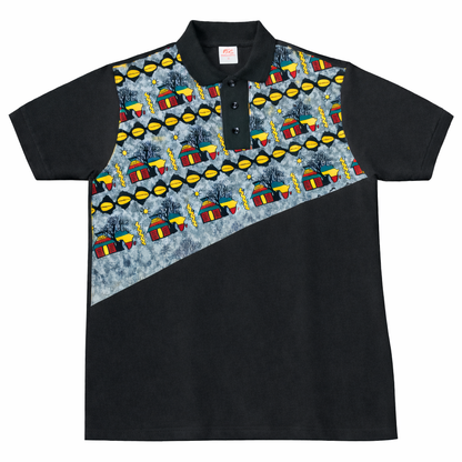 Men’s Black Heritage Print Polo Shirt — African Village Diagonal Design