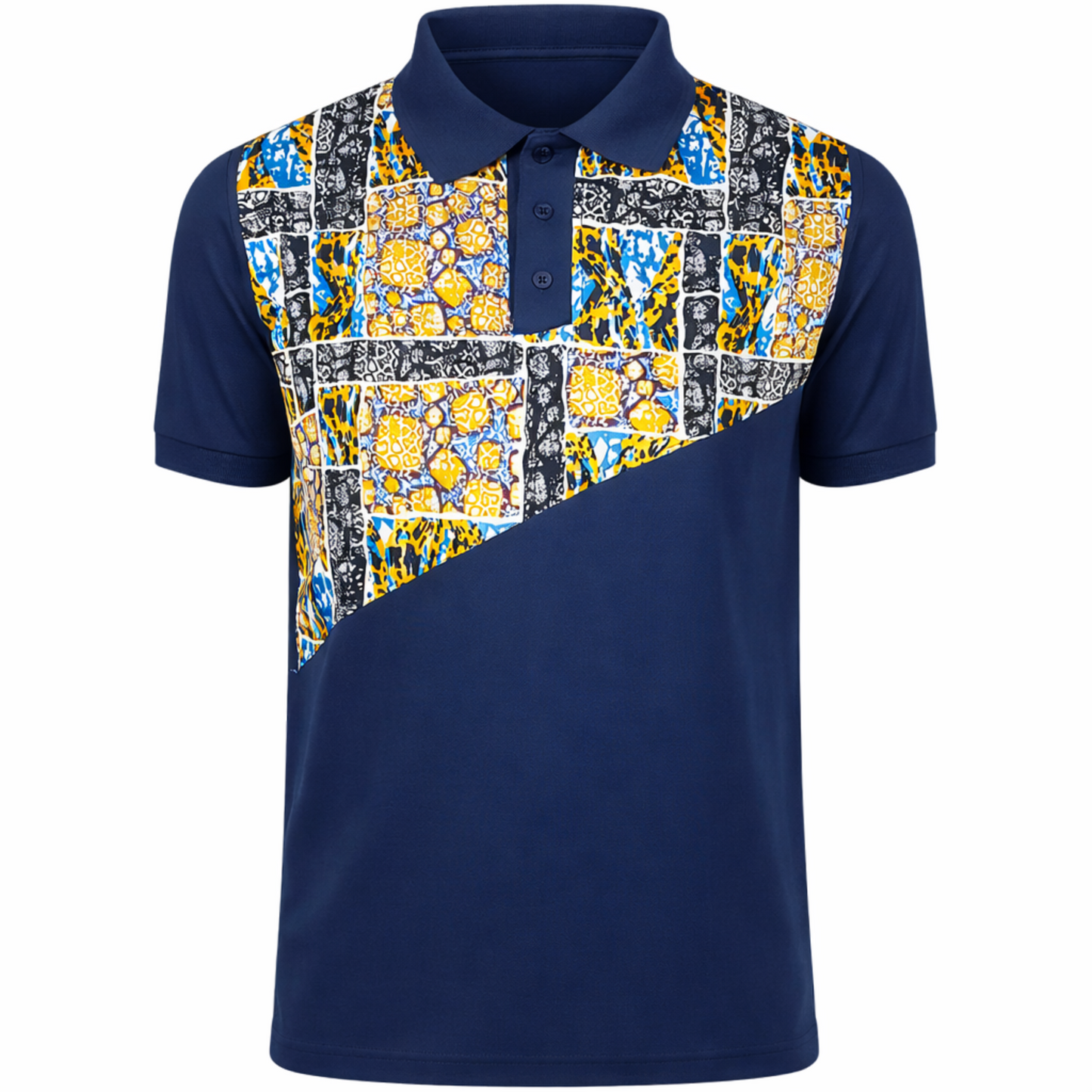 Men’s Navy African Print Polo Shirt – Modern Ankara Panel Design