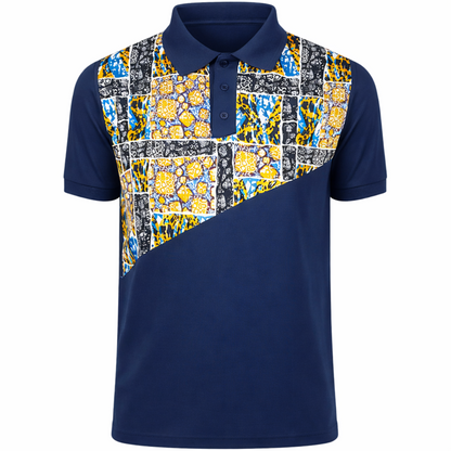 Men’s Navy African Print Polo Shirt – Modern Ankara Panel Design