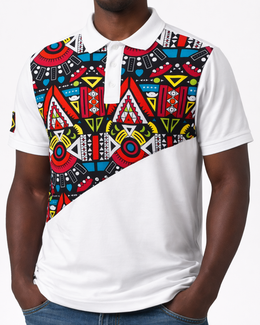 Men’s White Ankara Diagonal Panel Polo Shirt – Bold African Print Design