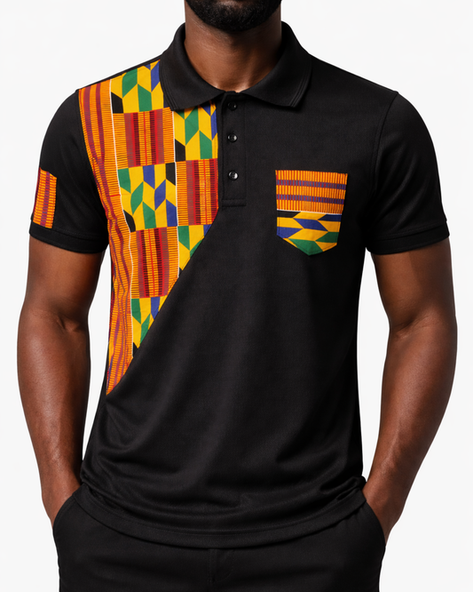 Polo homme noir à empiècement Kente