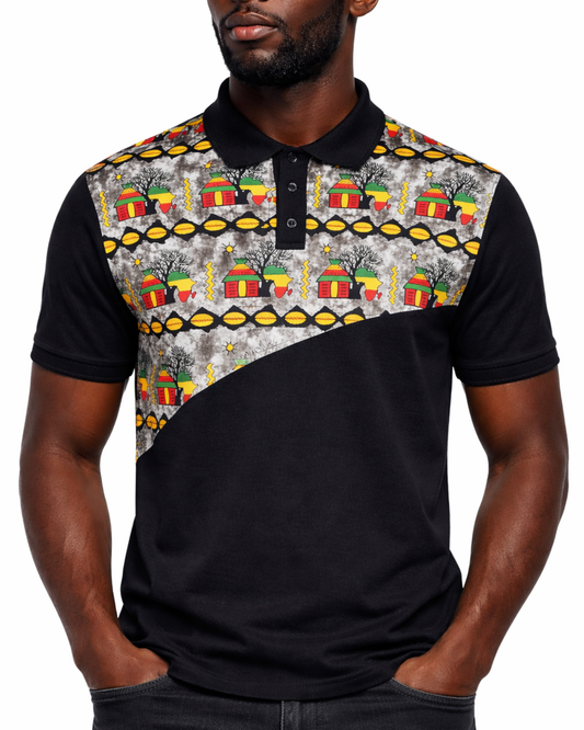 Polo homme à imprimé noir traditionnel — Motif diagonal de village africain