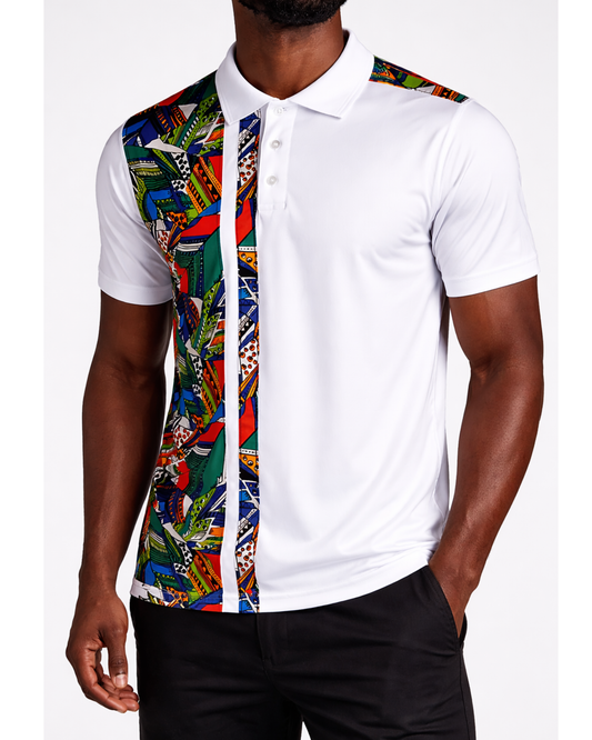 Men’s White Ankara Stripe Polo Shirt – Modern African Print Contrast Design