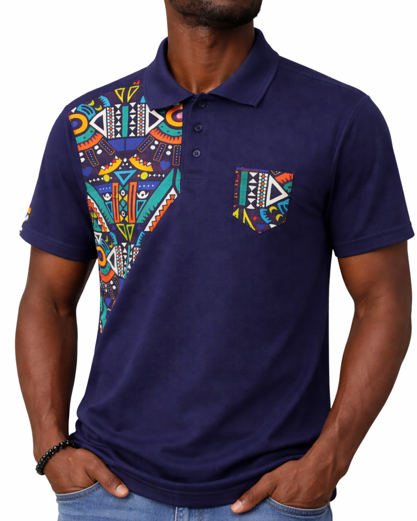Polo homme bleu marine à empiècement masque Ankara – Motif imprimé africain moderne