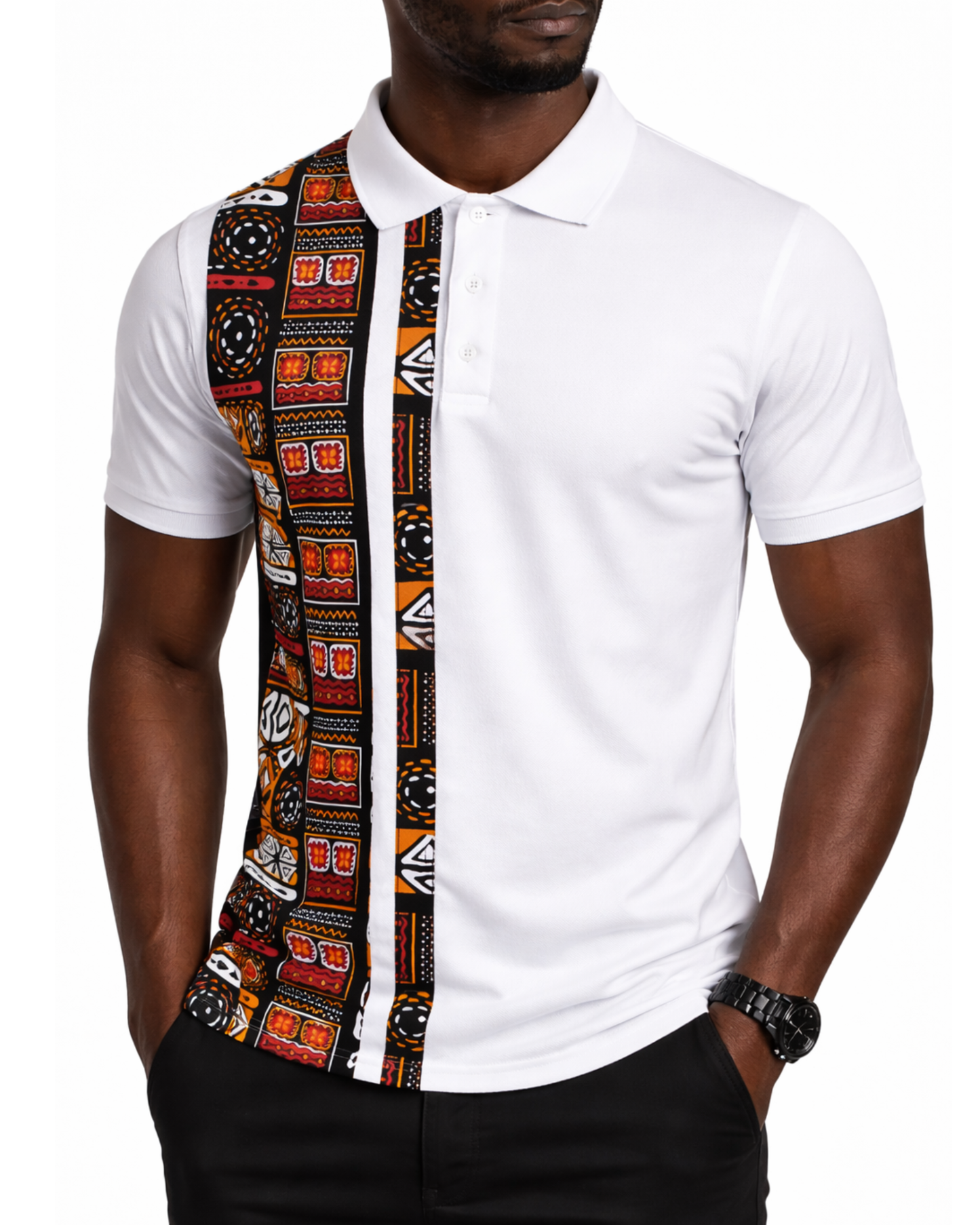 Polo homme blanc à empiècements Ankara – Imprimé africain noir/rouge/or (Coupe classique)
