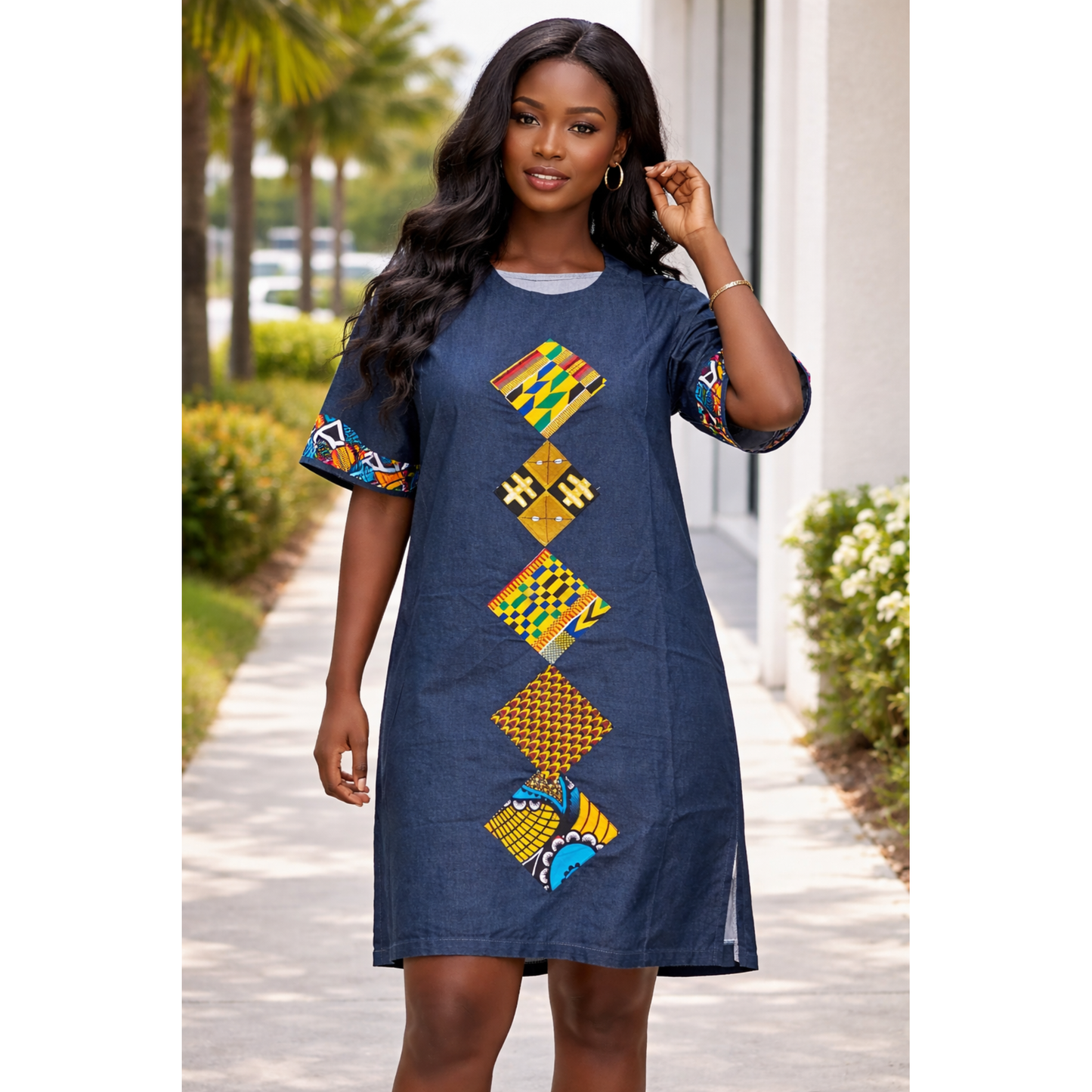 Robe midi patchwork Ankara – Style denim africain